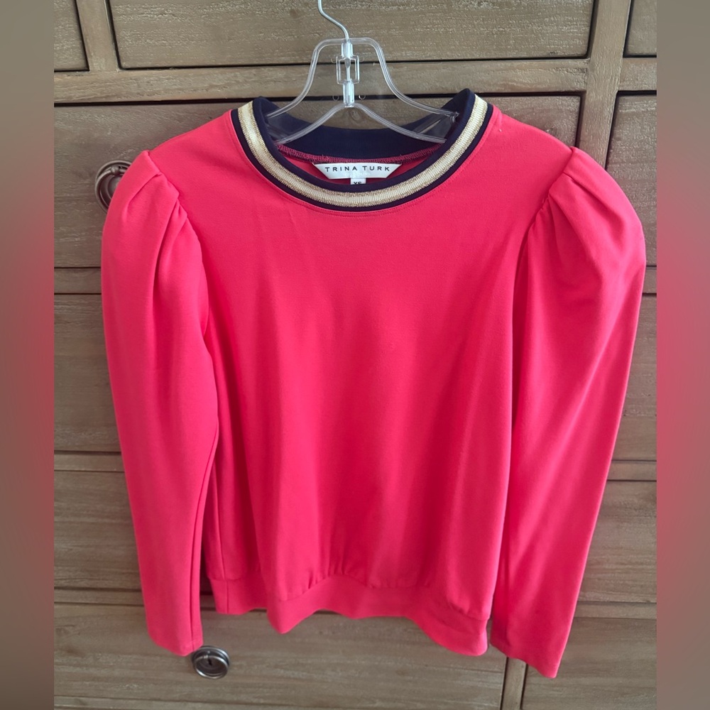 Trina Turk Pink Top with Gold and Navy Blue Accents